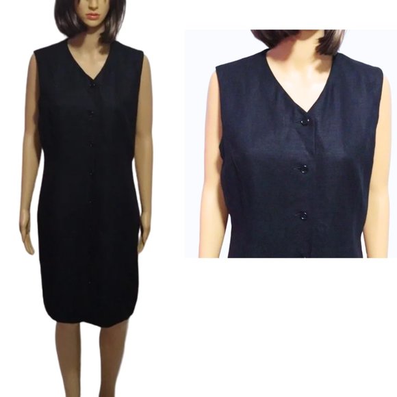 Vintage Brooks Brothers Linen Dress 80s Black Sleeveless Button Down Size 12 - Picture 1 of 8